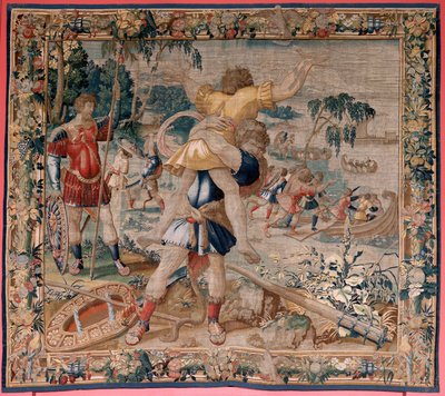 Flanderin kuvakudos. Sarja Herkuleen työt. Hercules ja Antaeus (Hércules y Anteo). Neljäs kuvakudos säilyneestä sarjasta. ; Malli Tuntematon. Valmistus Willem Dermoyen, Bryssel. Noin 1528. Kangas Silkki ja villa. Koko 362 x 403 cm. Sijainti Kuninkaanlinna tekijältä Flemish School