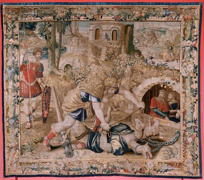 Flanderin kuvakudos. Sarja Herkuleen työt. Hercules vangitsee Cerberuksen (Hércules captura a Cancerbero). Kuudes kuvakudos säilyneestä sarjasta. Malli Tuntematon. Valmistus Willem Dermoyen, Bryssel. Ca1528. Kangas Silkki ja villa. Koko 345 x 390 cm. Locat tekijältä Flemish School