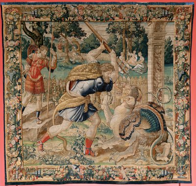 Flanderin kuvakudos. Sarja Herkuleen työt. Hercules Hesperides-puutarhassa (Hércules en el jardín de las Hespérides). Viides kuvakudos säilyneestä sarjasta. Malli Tuntematon. Valmistus Willem Dermoyen, Bryssel. Noin 1528. Kangas Silkki ja villa. tekijältä Flemish School