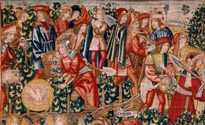 Flanderin kuvakudos. Sarja Vertaus työläisistä viinitarhassa. Denaarin maksu (El pago del denario). Sarjan toinen kuvakudos. Valmistus Brysselissä, Pieter van Aelstin työpajat (?). Noin 1500. Kangas Silkki ja villa, 6 loimi/cm. tekijältä Flemish School