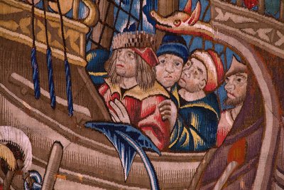 Flanderin kuvakudos. Sarja Portugalilaiset Intiassa: Saapuminen Calicutiin (Aankomstista Calicutista, Llegado de Vasco de Gamasta Lissaboniin). Ca 1510. Kokoelma Caixa Geral de Depósitos, Lissabon. Yksityiskohta. tekijältä Flemish School