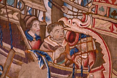 Flanderin kuvakudos. Sarja Portugalilaiset Intiassa: Saapuminen Calicutiin (Aankomstista Calicutista, Llegado de Vasco de Gamasta Lissaboniin). Noin 1510. Caixa Geral de Depósitos -kokoelma, Lissabon. Yksityiskohta. tekijältä Flemish School