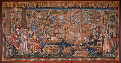 Flanderin kuvakudos. Sarja Portugalilaiset Intiassa: Saapuminen Calicutiin (Aankomstista Calicutista, Llegado de Vasco de Gamasta Lissaboniin). Ca 1510. Kokoelma Caixa Geral de Depósitos, Lissabon. tekijältä Flemish School