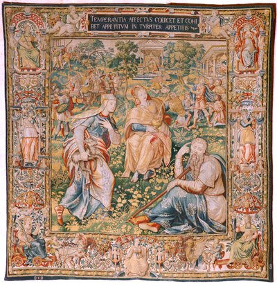 Flanderin kuvakudos. Sarja Seitsemän hyvettä. Raittius (La Templanza). Malli perustuu Michiel Coxcieen. Valmistus Brysselissä. Valmistaja Frans Geubels. Ca1560-1570. Kangas Silkki ja villa. Koko 330 x 320 cm. Sijainti Burgosin katedraali. Alkuperä Testamen tekijältä Flemish School