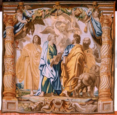 Flanderin kuvakudos. Sarja Eukaristian voitto. Neljä evankelistaa (Los cuatro evangelistas). Sarjan yhdestoista kuvakudos. Malli Peter Paul Rubens. 1626-1628. Valmistus Jan II Raes, Hans Vervoert, Jacques Fobert, Bryssel tekijältä Flemish School