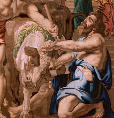 Flanderin kuvakudos. Sarja Eukaristian voitto. Eukaristian voitto pakanauhreista (Victoria de la Eucaristía sobre los sacrificios paganos). Sarjan neljäs kuvakudos. Malli Peter Paul Rubens. 1626-1628. Valmistus Jan II Raes, Jac tekijältä Flemish School