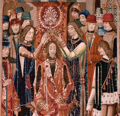 Flanderin kuvakudos. Tuntematon sarja. Rooman historia? Tarquinius Priscus (Tarquino Prisco). Valmistetaanko Brysselin työpajoja?. Noin 1475. Kangas Villa ja silkki, 6 loimi/cm. Alkuperä Kreivi Alba de Alisten lahjoitus, se saapui katedraaliin vuonna 1608. tekijältä Flemish School