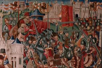 Flanderin kuvakudos. Tuntematon sarja. Rooman historia? Tarquinius Priscus (Tarquino Prisco). Valmistetaanko Brysselin työpajoja?. Noin 1475. Kangas Villa ja silkki, 6 loimi/cm. Alkuperä Kreivi Alba de Alisten lahjoitus, se saapui katedraaliin vuonna 1608. tekijältä Flemish School