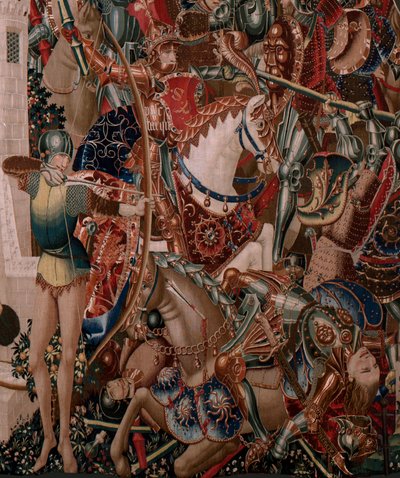 Flanderin kuvakudos. Tuntematon sarja. Rooman historia? Tarquinius Priscus (Tarquino Prisco). Valmistetaanko Brysselin työpajoja?. Noin 1475. Kangas Villa ja silkki, 6 loimi/cm. Alkuperä Kreivi Alba de Alisten lahjoitus, se saapui katedraaliin vuonna 1608. tekijältä Flemish School