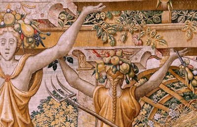 Flanderin kuvakudos. Sarjat Vertumnus ja Pomona. No II Vertumnus muuttui viljelijäksi (Vertumno y Pomona II Vertumno transformado en agricultor) no1 vasen osa. Mallit Circle of Pieter Coecke Van Aelst ja Léonard Thiry. Atelier unknown, Bryssel. Kulta, tekijältä Flemish School