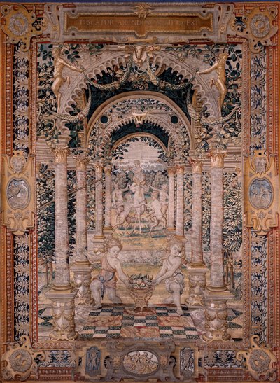 Flanderin kuvakudos. Sarjat Vertumnus ja Pomona. Sarjan seitsemäs kuvakudos; Vertumnus muuttui kalastajaksi (keskiosa). Mallit Circle of Pieter Coecke Van Aelst ja Léonard Thiry. Valmistus Tuntematon työpaja, Bryssel. Ennen vuotta 1550. Kangas Go tekijältä Flemish School