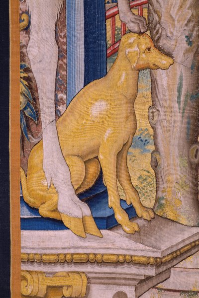 Tapís flamenc. Sèrie Vertumnus i Pomona: Vertumnus transformat en granger (Vertumnus as farmer, Vertumno transformado and agricultor). Estudi Willem de Pannemaker. ca 1545-1550. detall.acabar tekijältä Flemish School