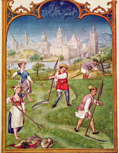 Fol 6v Kesäkuu: Heinänteko, Breviarium Grimanista, n. 1515 tekijältä Flemish School