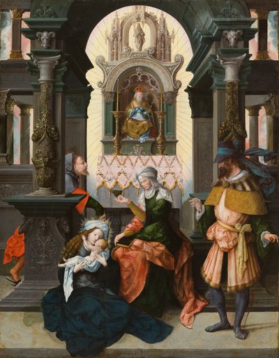 Pyhä perhe Pyhän Annan ja Pyhän Joakimin kanssa, 1525 (öljy tammilevylle) tekijältä Flemish School