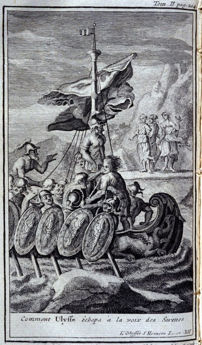 Kuinka Ulysses pakeni sireenin äänestä. Kuvitus kirjaan XII Homeroksen Odysseiasta, Odysseiassa, julkaistu Amsterdamissa vuonna 1731, Collection privee Milan. tekijältä Flemish School