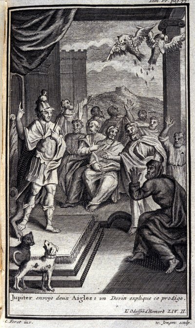 Jupiter lähettää kaksi kotkaa: tutti selittää tämän ihmelapsen. Lustraatio kirjalle II Odyssee of Homere, Odysseessa, julkaistu Amsterdamissa vuonna 1731, Collection privee Milan. tekijältä Flemish School