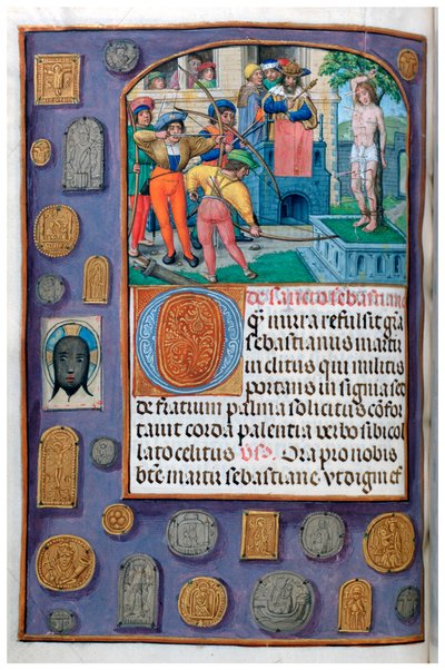 MS 4, voi. 127, f.112v, Pyhän Sebastianin marttyyrikuolema trompe l