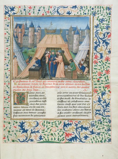 MS W201 f.147 Rauhansopimus, Chroniques dAngleterre (Vol.IV) 1475-80 (tempera on vellum) tekijältä Flemish School