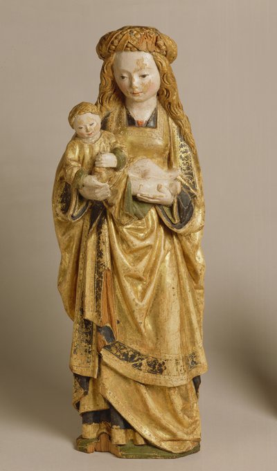 Madonna ja lapsi, School of Mechelen, n. 1500 (monivärinen ja kullattu tammi) tekijältä Flemish School