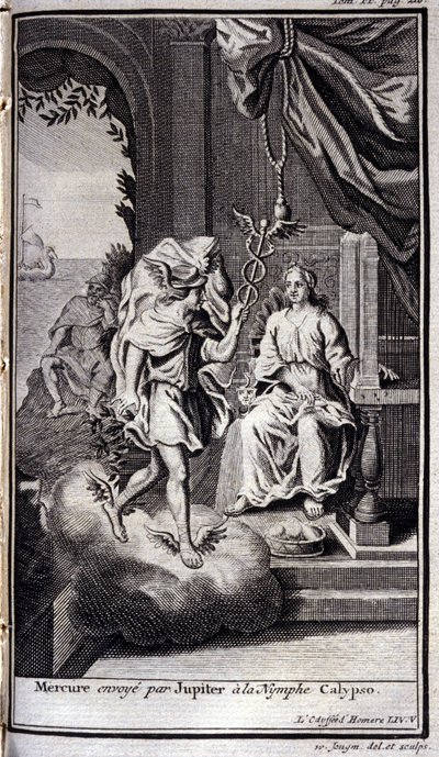Jupiterin lähettämä Merkurius nymfi Calypsolle. Kuvitus kirjaan V Homeroksen Odysseiasta, Odysseiassa, julkaistu Amsterdamissa vuonna 1731, Collection privee Milan. tekijältä Flemish School