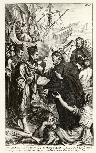 Michael Rogerius (1543-1607) ja Matthaeus Riccius (1552-1610) saapuvat Kiinan rannikolle, kuva P. Cornelius Hazartin kirkon historiasta, julkaistu Antwerpenissä, 1668 tekijältä Flemish School