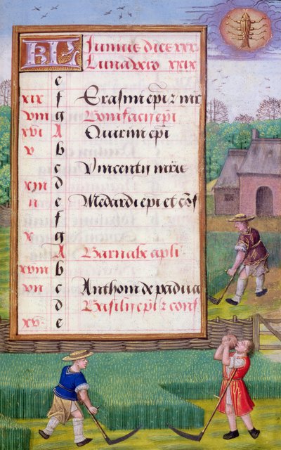 Ms 1058-1975 f6r Mowing Grass, valaistu kalenterisivu kesäkuulle, kirjasta Tuntikirja, n. 1500 (vellum) tekijältä Flemish School