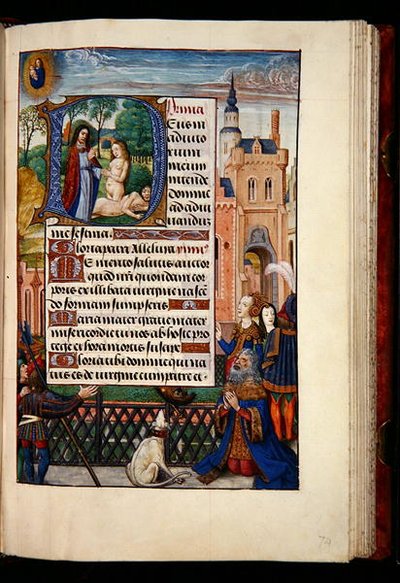 Ms 1058-1975, f.74r: Kuningas Daavid rukoilee Neitsyttä ja lasta ja historiallinen alkukirjain D, joka kuvaa Eevan luomista, Tuntien kirjasta, Bruggesta, n. 1510 (kultamuste ja tempera pergamentilla) tekijältä Flemish School