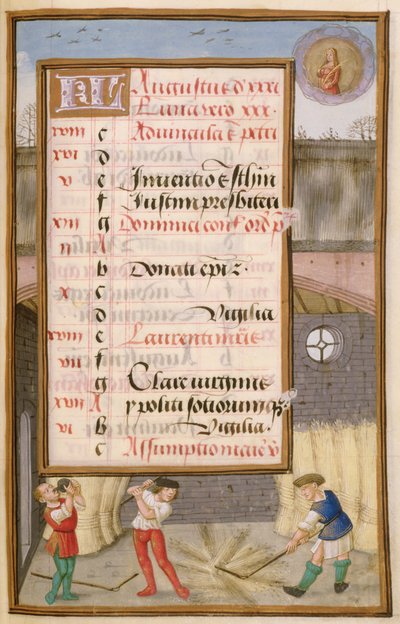 Ms 1058-1975 f8r Threshing Corn in the Barn, valaistu kalenterisivu elokuulle, Tuntikirjasta, n. 1500 tekijältä Flemish School