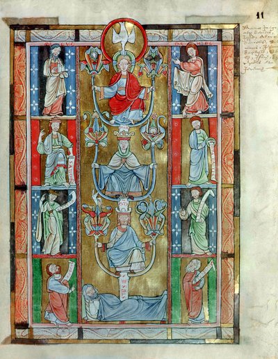 Ms 340 fol.11r The Tree of Jesse, De Laudibus Sancte Crucis, kirjoittaja Rabanaus Maurus (n. 780-856) Anchin Abbeysta tekijältä Flemish School