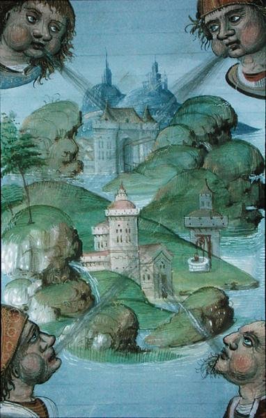 Ms Hunter 9 f.47v Neljä tuulta puhaltaa kulmissa merimaisemassa, teoksesta "De Medina Fen I. II, by Avicenna (980-1037)" (vellum) tekijältä Flemish School