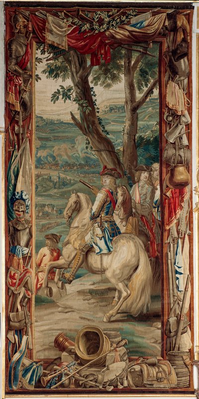 Palatsi (Schlossanlage Schleissheim). Flanderin kuvakudos. Brysselin studio Judocus De Vos. Suunnittelija Lambert De Hondt. Maximilian II Emanuel (Maximilian Emmanuel ja kaksi jalkaväkeä). 400x175 cm. Villa ja silkki. Noin 1715-1724. tekijältä Flemish School