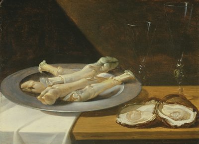 Siat rystyt tinalautasella ostereiden kanssa ja viinilasit päällystetyllä pöydällä, n. 1630 tekijältä Flemish School