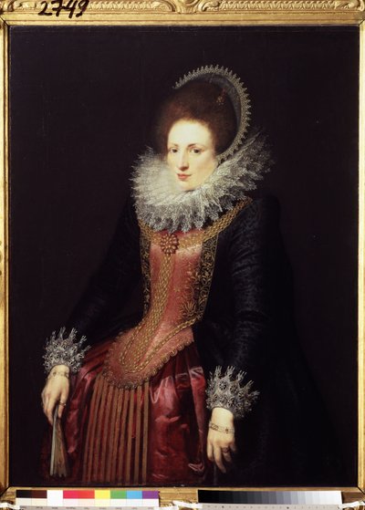 ""Muotokuva naisesta tuulettimen kanssa" (Muotokuva naisesta tuulettimella) varakas nainen, yllään röyhelö ja kirjailtu mekko. Flanderin koulun maalaus noin 1610. Pushkin-museo, Moskova tekijältä Flemish School
