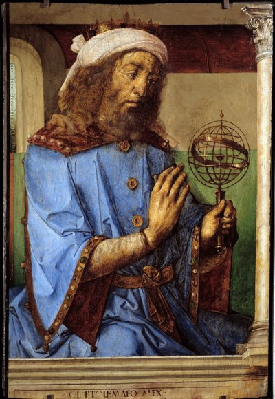 Muotokuva Ptolemeuksesta (Claudius Ptolemaeus, n. 90-168), kreikkalainen tähtitieteilijä. Pedro Berrugueten (noin 1450-ennen 1504) ja Just Of Ghentin (1435-1480) maalaukset. Flam tekijältä Flemish School