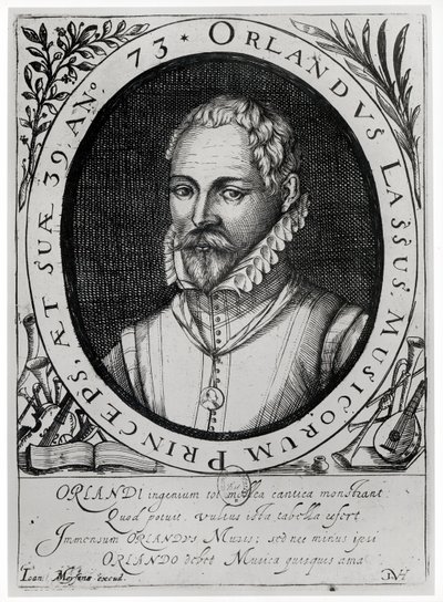 Roland de Lassuksen (1532-94) muotokuva (kaiverrus) (bw kuva) tekijältä Flemish School