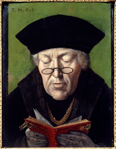Humanistin Thomas Moren (1478-1535) muotokuva. Humanistia edustaa lasit lukemassa kirjaa. Flanderin koulun maalaus tekijältä Flemish School