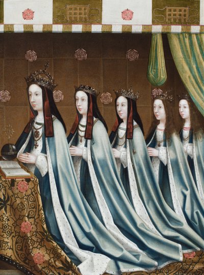 Englannin kuningatar Elisabet Yorkin muotokuva neljän tyttärensä, Margaretin, Elisabetin, Marian ja Katariinan kanssa, noin 1510 (öljy kankaalle). tekijältä Flemish School