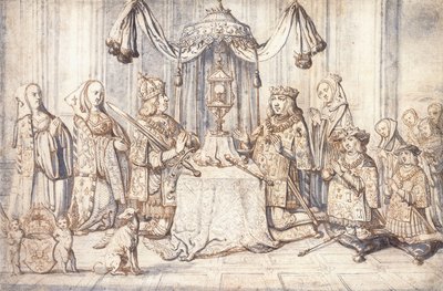 Keisari Maximilian I:n, hänen vaimonsa, tyttärensä, pojansa ja muiden muotokuvia Dijonin pyhässä kappelissa, n. 1600 tekijältä Flemish School