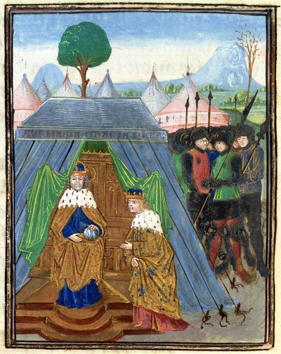 Roy 15 E I f.321v Baldwin II vierailee Manuel Comnenuksen luona Outremerin tarinasta (vellum). tekijältä Flemish School