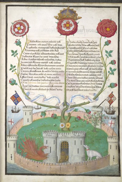 Royal MS 11 E Xl fol.2 säkeet Tudor-symboleilla, n.1516 (vellum) tekijältä Flemish School