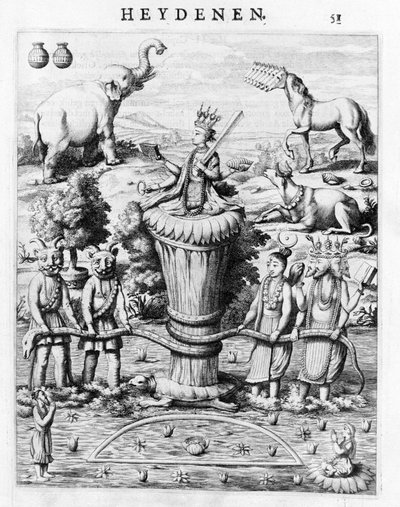 Samudramathana, johon osallistuu Deva (Surya, Shiva, Vishnu, Brahma) demonien ja alusten kanssa. Baldaeus Philippus Afgoderye der oost-indische Heydenenin mukaan. Amsterdam 1672 tekijältä Flemish School