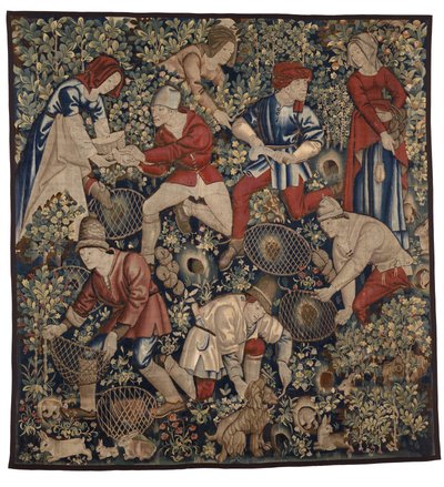 Kuvakudos, joka kuvaa talonpoikia metsästämässä kaneja frettien kanssa, Tournai, n. 1450-75 (villa) tekijältä Flemish School