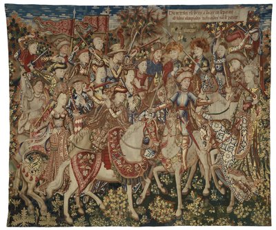 Kuvakudos Herkulesta ja hänen seuralaisistaan Olympusvuorella, mahdollisesti valmistettu Tournaissa, n. 1465-1470 (villaa ja silkkiä) tekijältä Flemish School