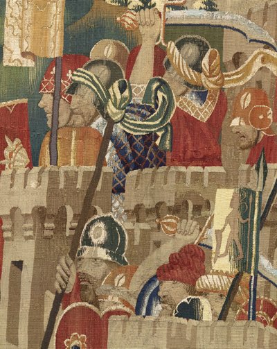 Kuvakudos, joka esittää Portugalin kuninkaan Alfonso V:n valloitukset (Conquistas de Alfonso V de Portugal), Tournaissa. Yksityiskohta. (villa ja silkki) tekijältä Flemish School