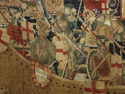 Kuvakudos, joka esittää Portugalin kuninkaan Alfonso V:n valloitukset (Conquistas de Alfonso V de Portugal), Tournaissa. Yksityiskohta. (villa ja silkki) tekijältä Flemish School