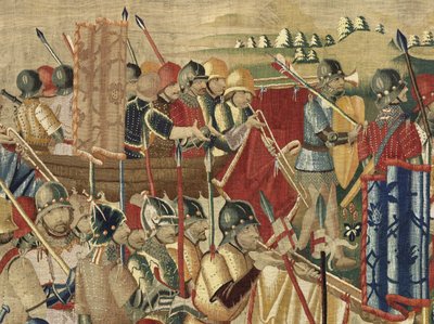 Kuvakudos, joka esittää Portugalin kuninkaan Alfonso V:n valloitukset (Conquistas de Alfonso V de Portugal), Tournaissa. Yksityiskohta. (villa ja silkki) tekijältä Flemish School