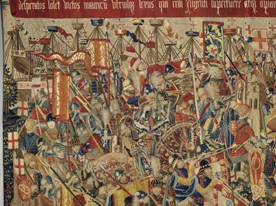Kuvakudos, joka esittää Portugalin kuninkaan Alfonso V:n valloitukset (Conquistas de Alfonso V de Portugal), Tournaissa. Yksityiskohta. (villa ja silkki) tekijältä Flemish School