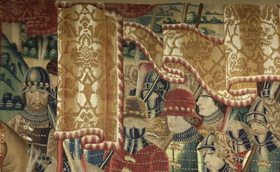 Kuvakudos, joka esittää Portugalin kuninkaan Alfonso V:n valloitukset (Conquistas de Alfonso V de Portugal), Tournaissa. Yksityiskohta. (villa ja silkki) tekijältä Flemish School