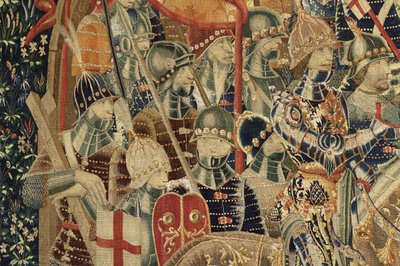 Kuvakudos, joka esittää Portugalin kuninkaan Alfonso V:n valloitukset (Conquistas de Alfonso V de Portugal), Tournaissa. Yksityiskohta. (villa ja silkki) tekijältä Flemish School