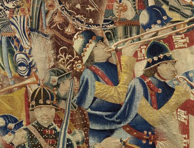 Kuvakudos, joka esittää Portugalin kuninkaan Alfonso V:n valloitukset (Conquistas de Alfonso V de Portugal), Tournaissa. Yksityiskohta. (villa ja silkki) tekijältä Flemish School